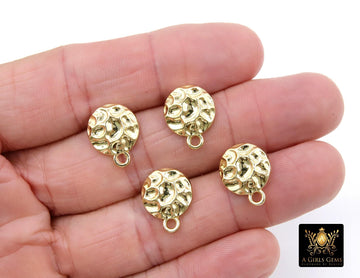 Gold Post Stud Earring Findings, 6 Pieces 13 mm Gold Plated Round or Textured Square #3634, Hammered Round Post Earrings, Loops For Charms